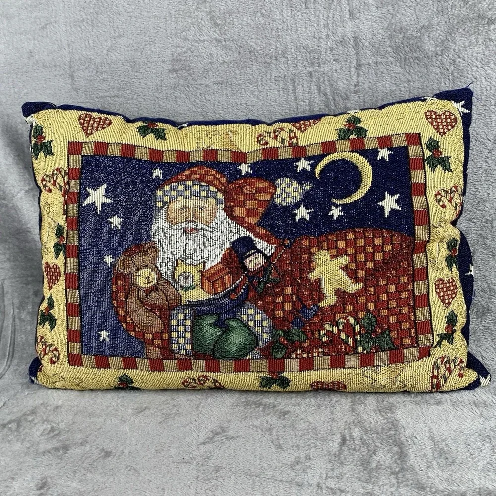 Vintage Tapestry Needlepoint Throw Pillow Santa Christmas Decorative Rectangle‎